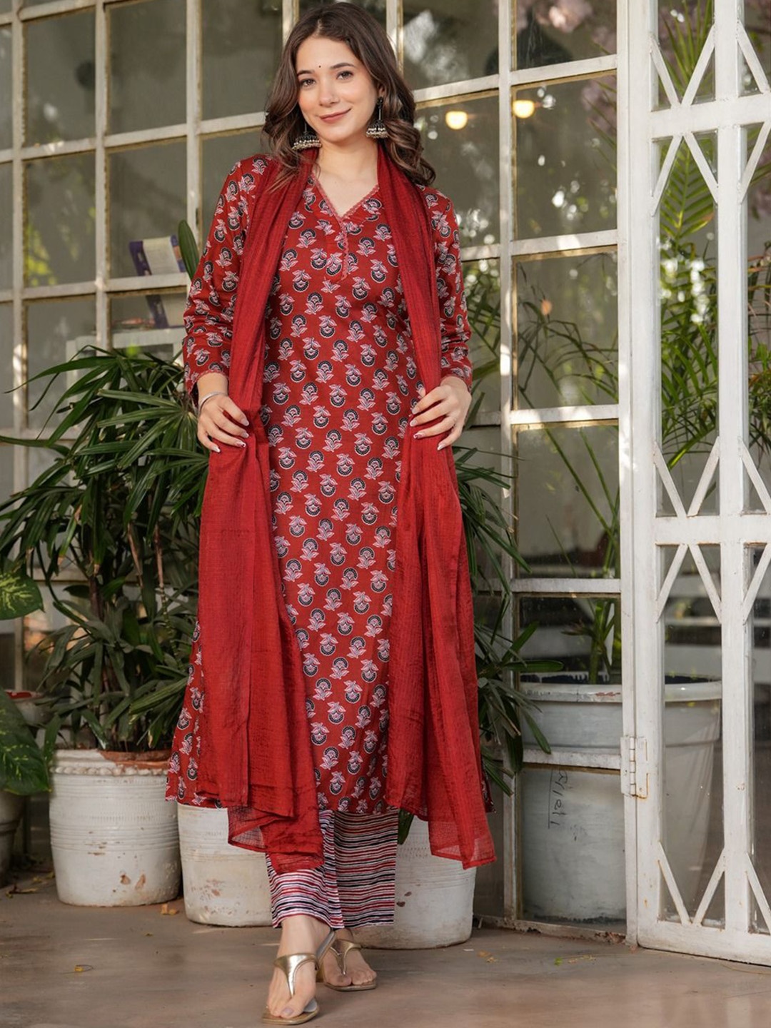 

Shatanuvart Export Floral Printed V-Neck Pure Cotton Straight Kurta With Trouser & Dupatta, Rust