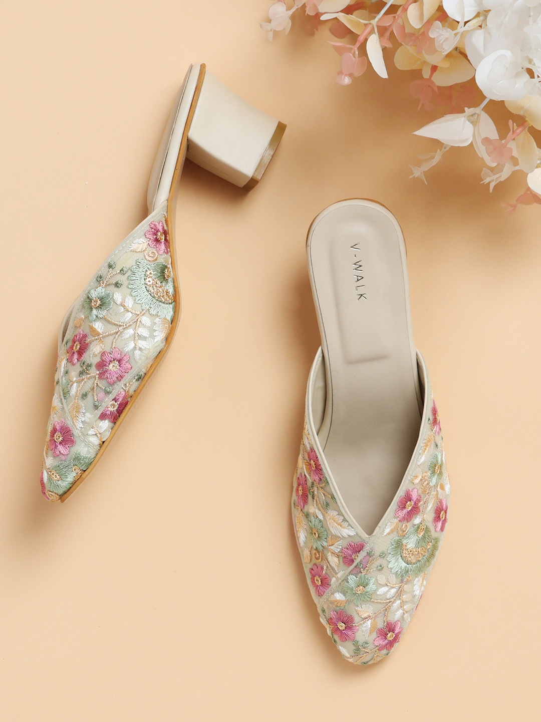 

V-WALK Embellished Ethnic Block Sandals, Beige