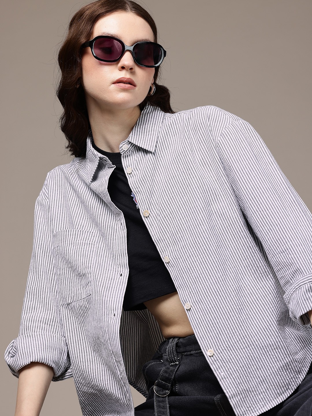 

The Roadster Life Co. Opaque Striped Pure Cotton Oversized Casual Shirt, White
