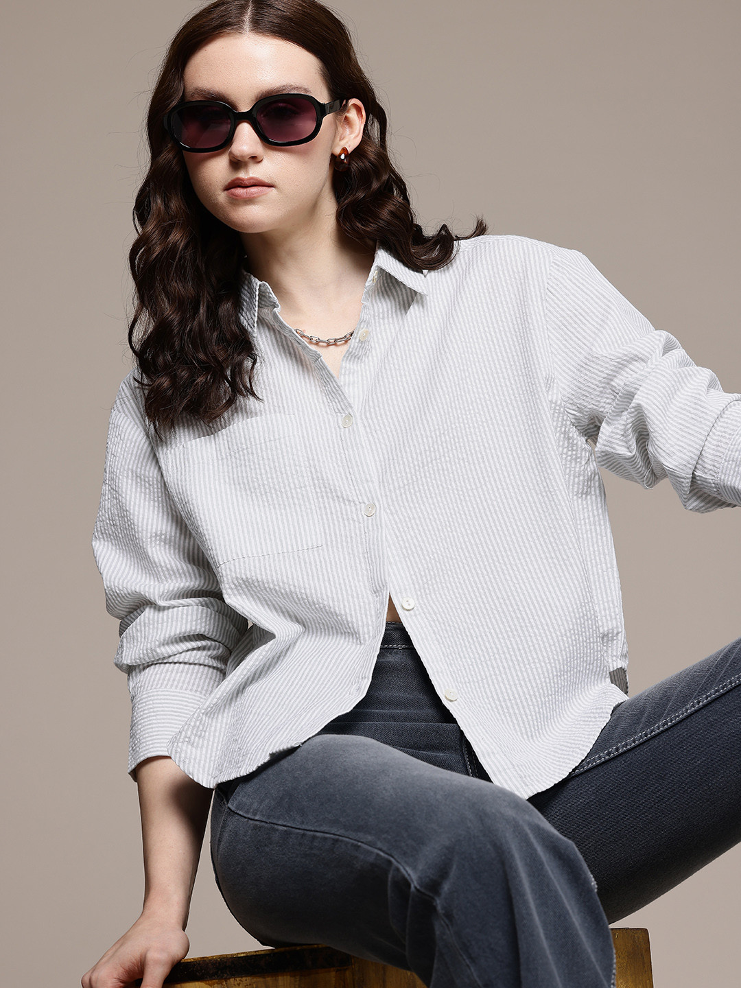 

The Roadster Life Co. Opaque Striped Pure Cotton Oversized Casual Shirt, White