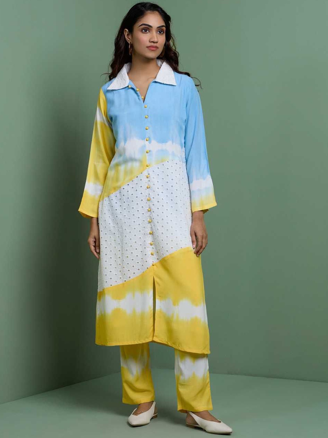 

Label Ishnya Dyed Shirt Collar Flared Sleeves Tunic With Trouser, Yellow