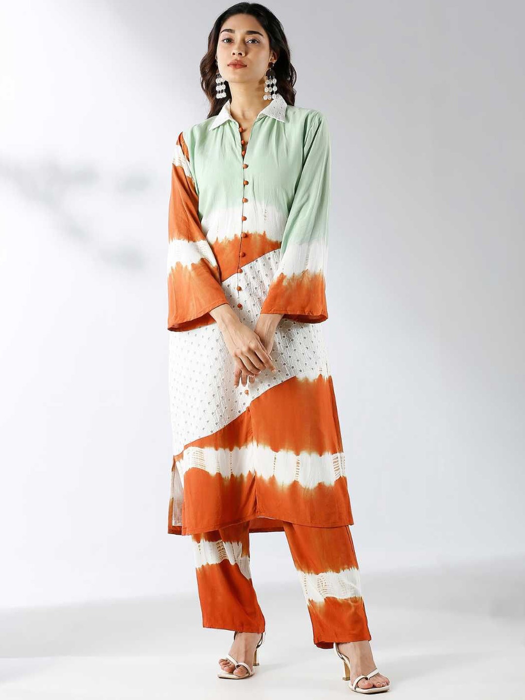 

Label Ishnya Dyed Shirt Collar Flared Sleeves Tunic With Trouser, Brown