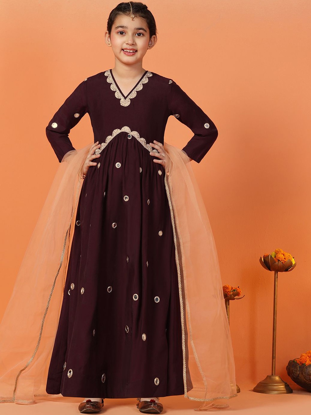 

FASHION DREAM Girls Embroidered Ethnic Dress With Dupatta, Brown