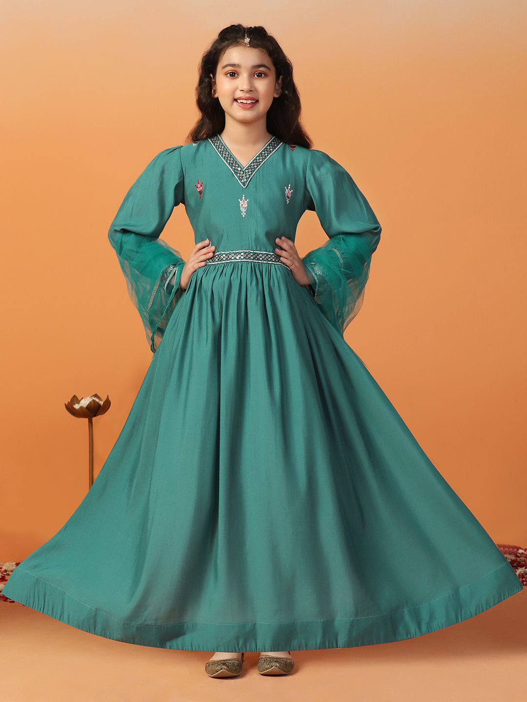 

FASHION DREAM Girls Floral Embroidered Fit & Flare Ethnic Dresses With Dupatta, Teal