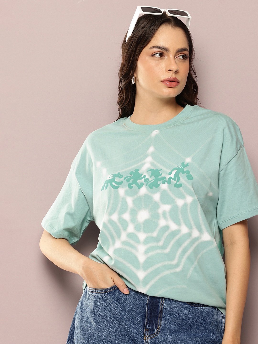 

Kook N Keech Disney Pure Cotton Mickey & Friends Printed Drop-Shoulder Oversized T-shirt, Sea green