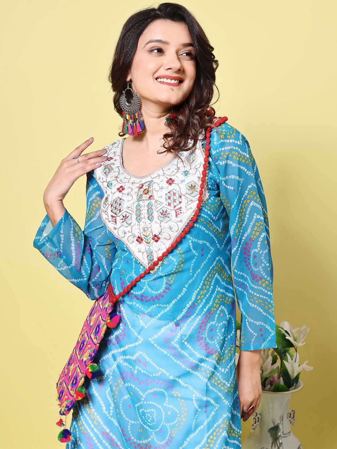 

KALINI Bandhani Printed Round Neck Gotta Patti Georgette Straight Kurta, Blue