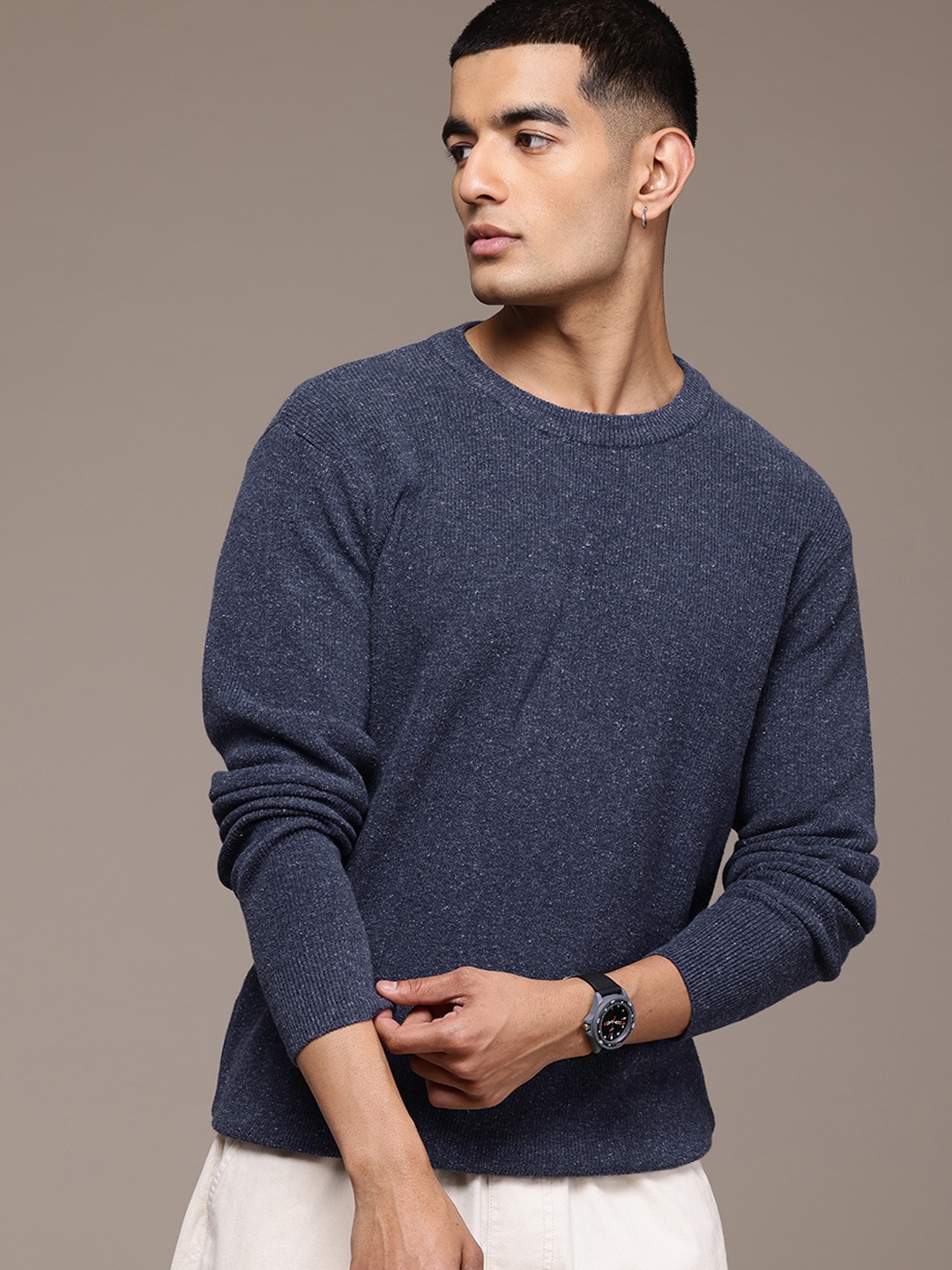 

The Roadster Lifestyle Co. Men Ribbed Pure Cotton Pullover, Navy blue