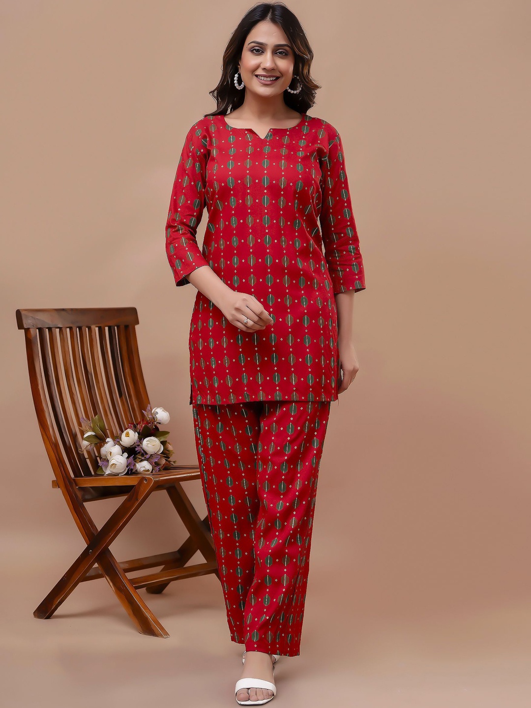 

UrbanRang Geometric Printed Tunic With Trousers, Red