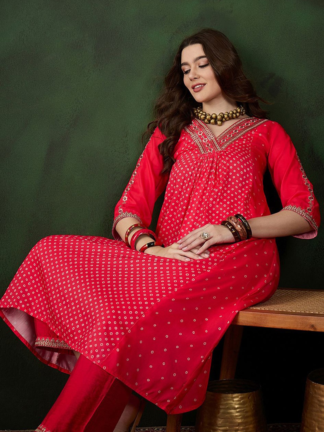 

Sangria Bandhani Printed V-Neck Pleated A-Line Kurta With Trouser, Pink