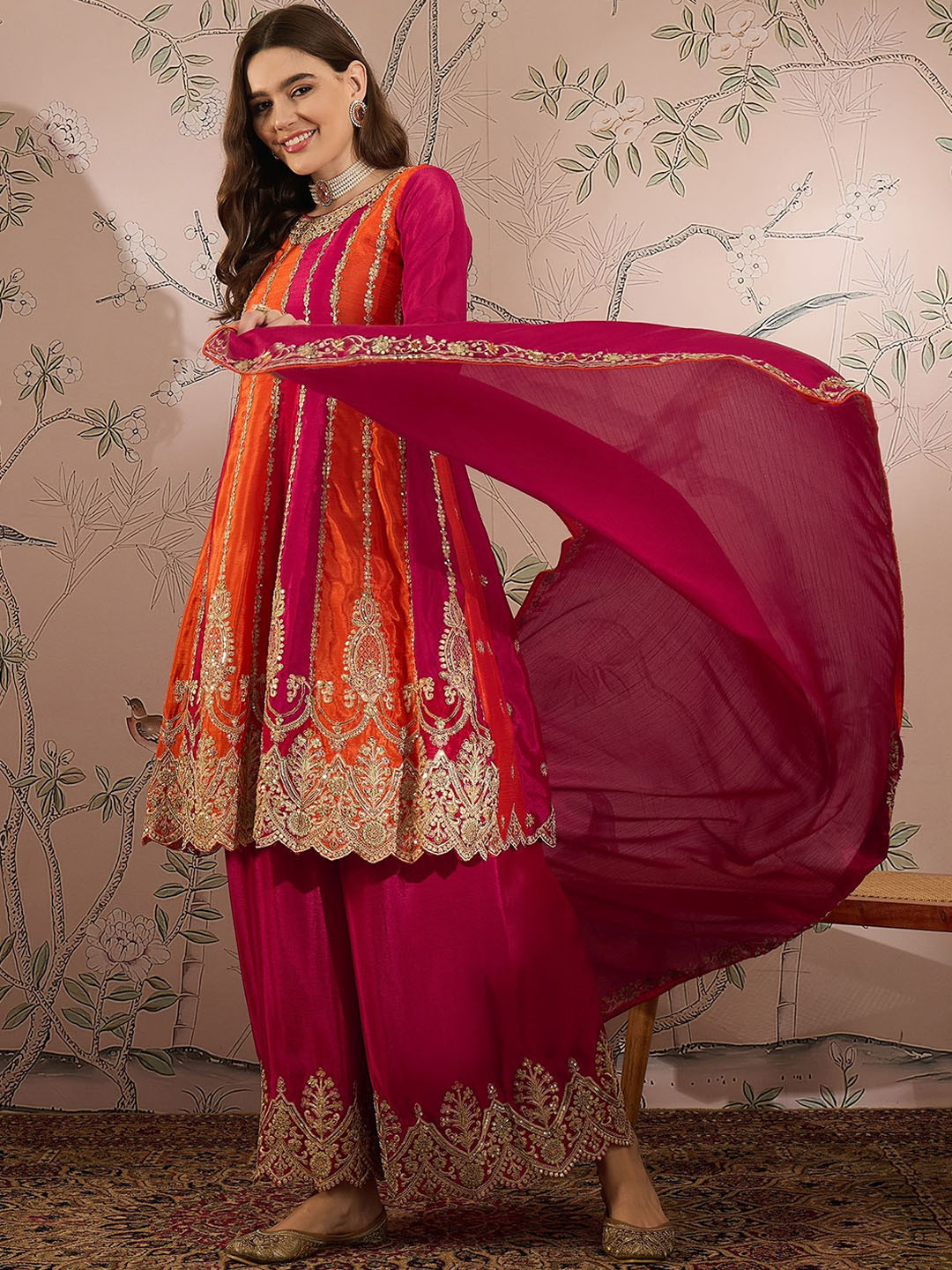 

Miss Ethnik Floral Embroidered Panelled Anarkali Kurta With Palazzos & Dupatta, Pink