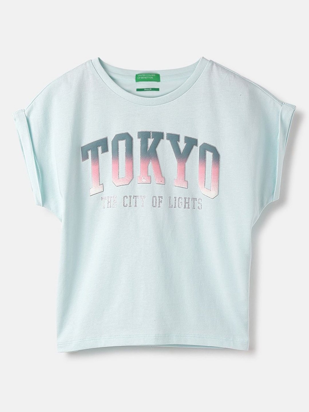 

United Colors of Benetton Girls Typography Printed Round Neck Pure Cotton T-shirt, Blue