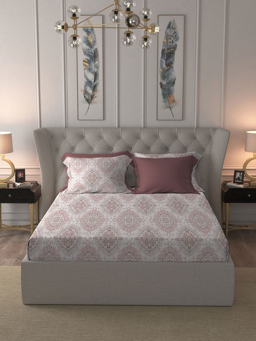 

MYTRIDENT White And Pink Printed Pure Cotton 300TC King Bedsheet Sets - 2.74 m x 2.74