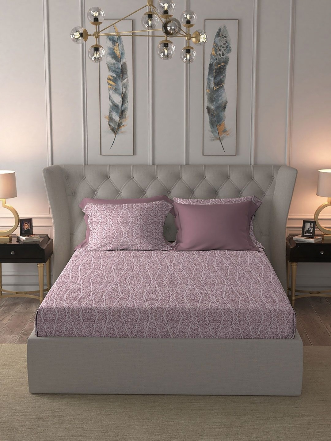 

MYTRIDENT Nectarsoft Pink Printed Pure Cotton 300TC King Bedsheet Sets - 2.74 m x 2.74