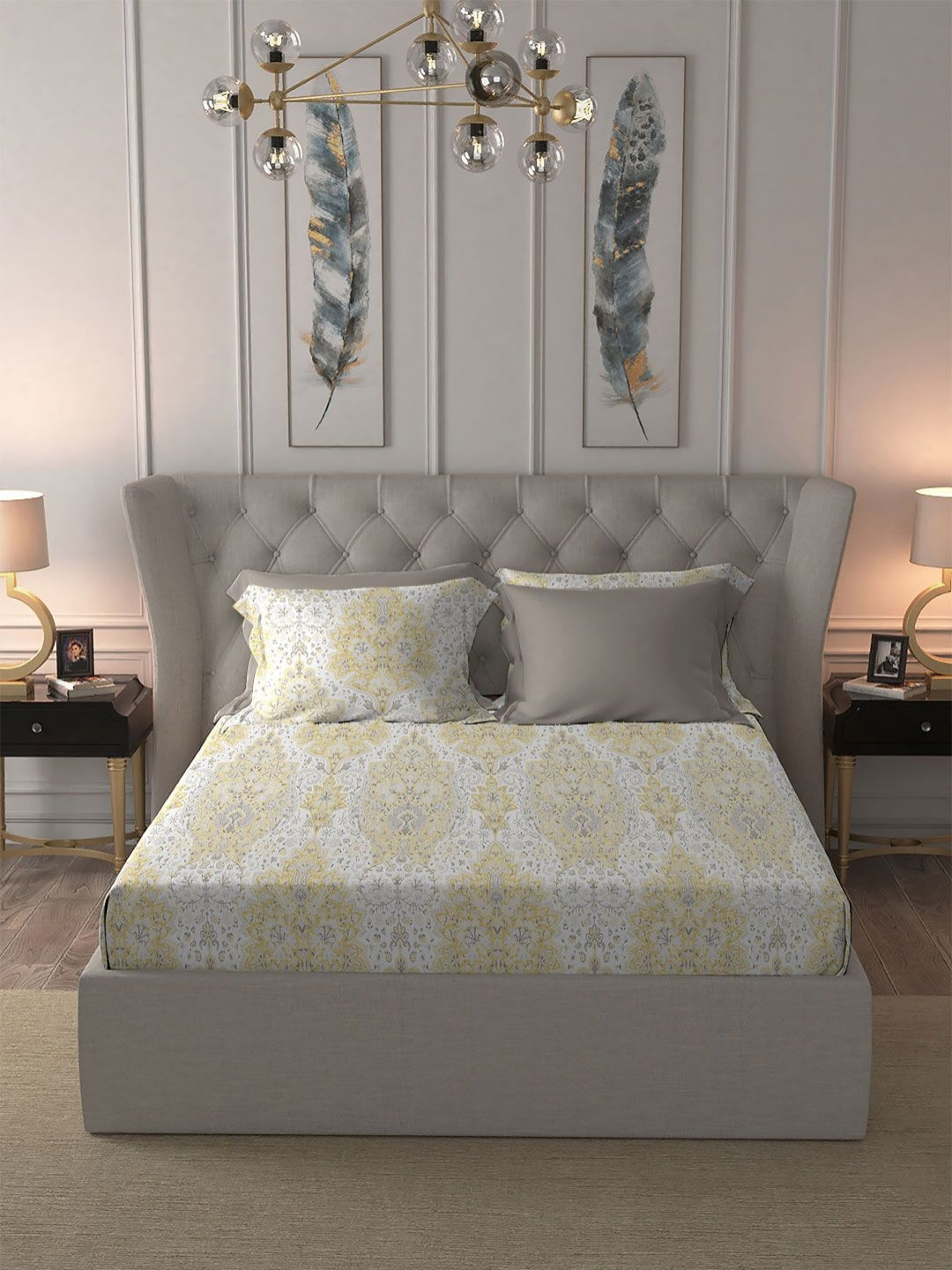 

MYTRIDENT White & Yellow Printed Pure Cotton 300TC King Bedsheet Sets