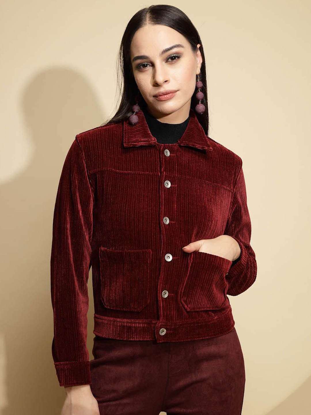 

Global Republic Women Spread Collar Solid Casual Tailored Lightweight Jacket, Burgundy