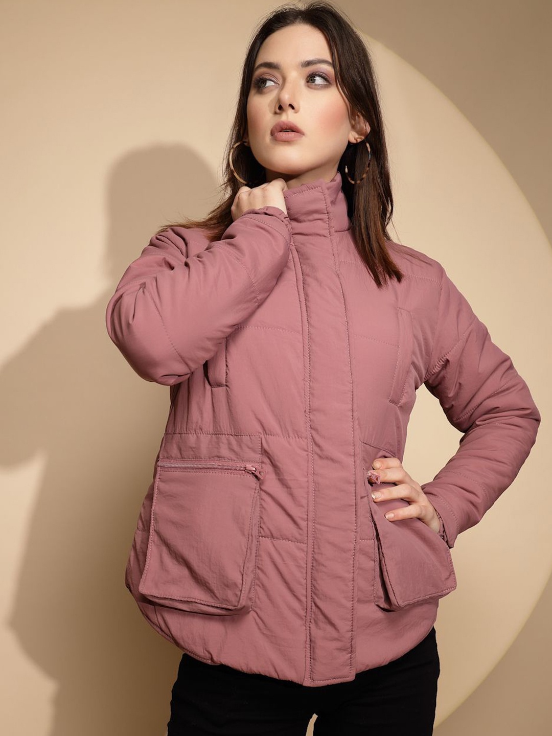 

Global Republic Women Mock Collar Solid Casual Padded Lightweight Jacket, Pink