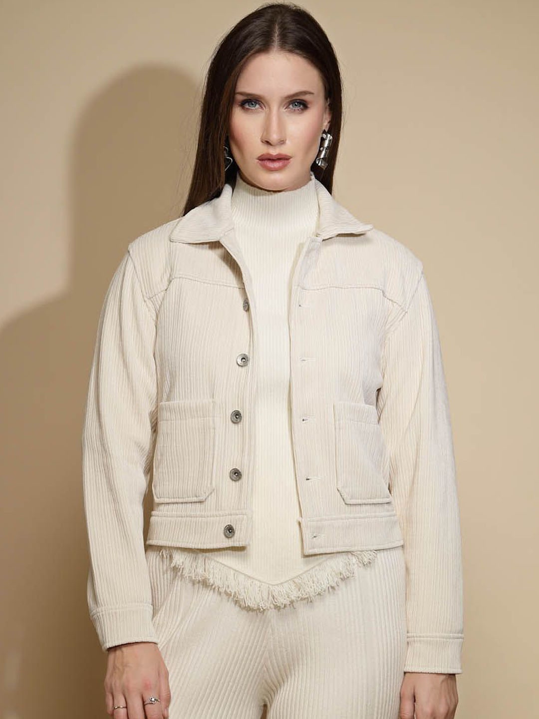 

Global Republic Women Spread Collar Solid Casual Tailored Lightweight Jacket, Beige