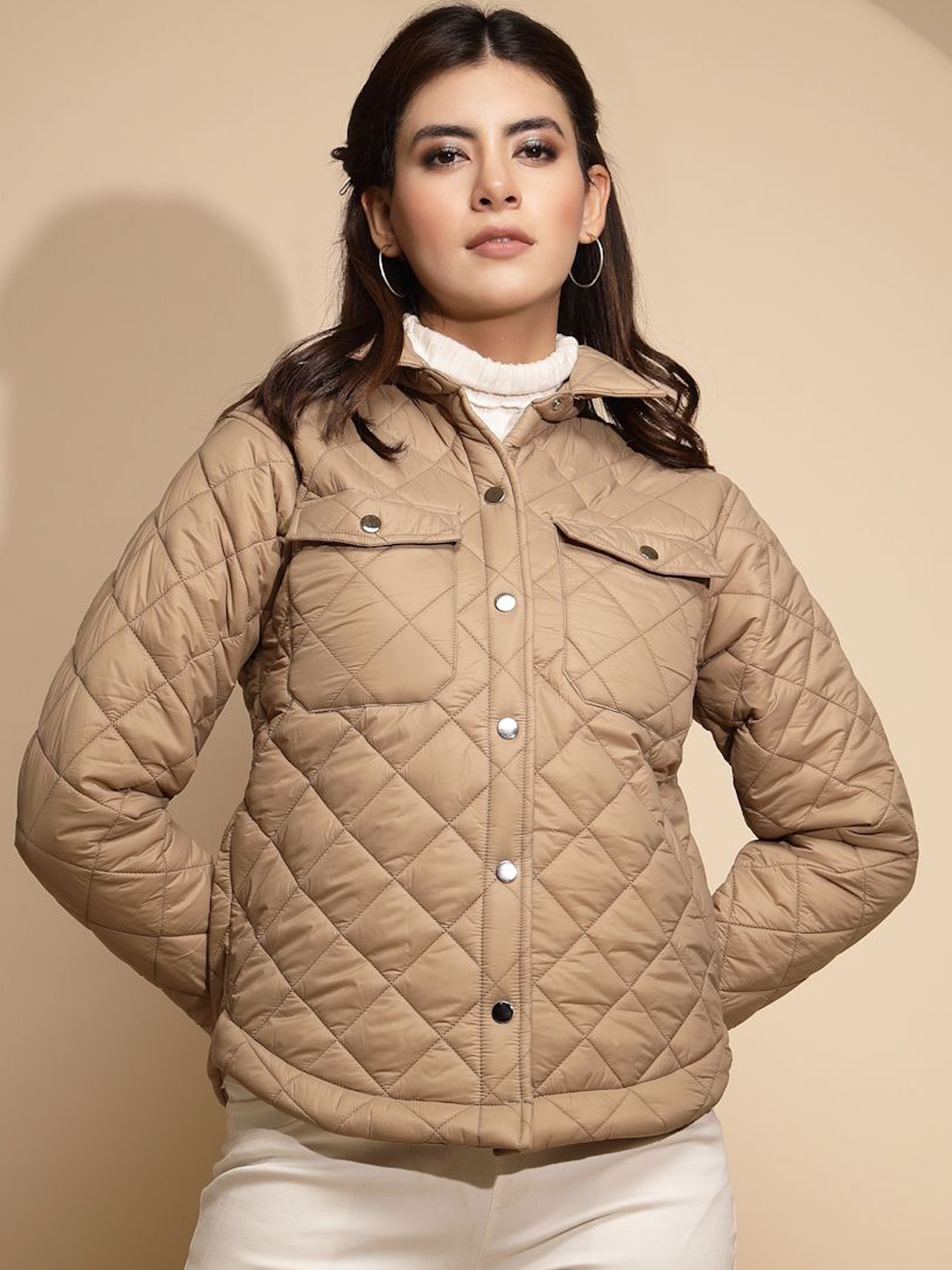 

Global Republic Women Spread Collar Solid Casual Bomber Lightweight Jacket, Brown