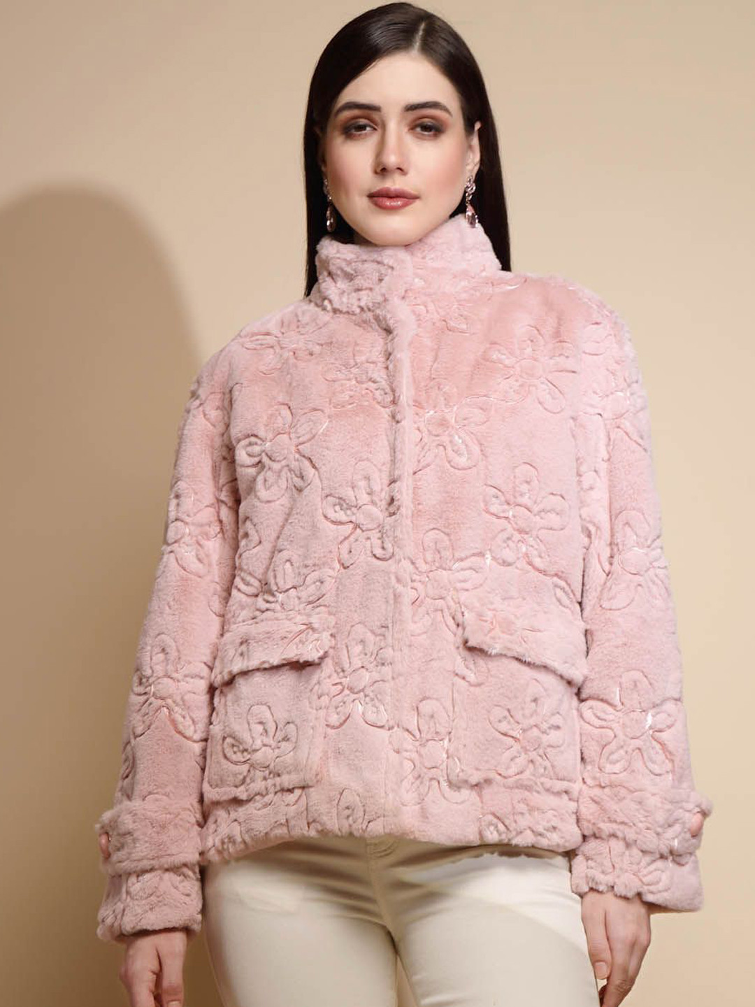 

Global Republic Women Mock Collar Self Design Cotton Casual Tailored Lightweight Jacket, Pink