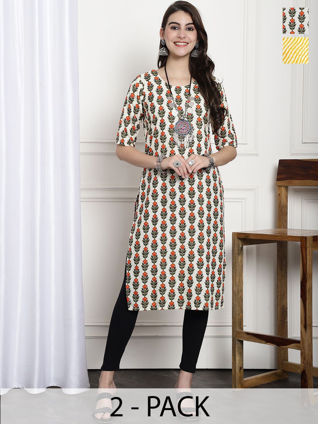 

7Threads Selection Of 2 Leheriya Printed Round Neck Straight Kurta, White
