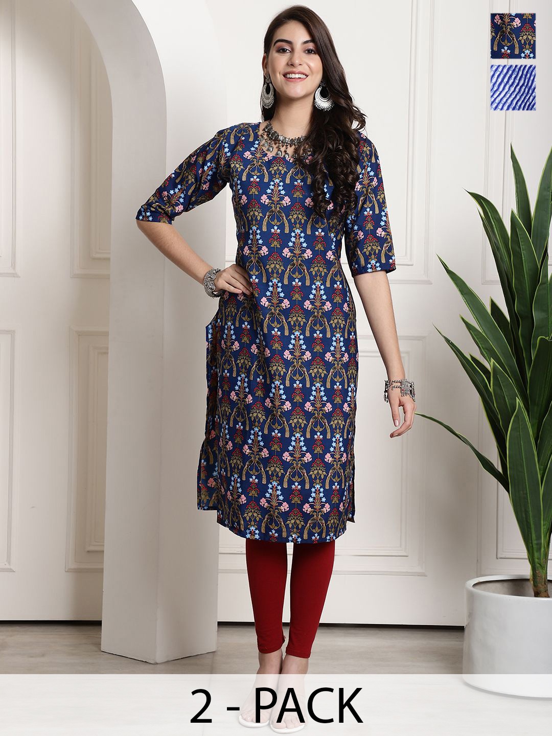 

7Threads Selection Of 2 Ethnic Motifs Printed Straight Kurta, Navy blue
