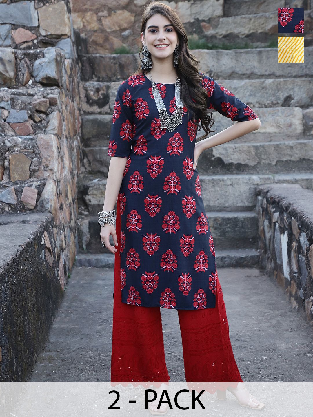 

7Threads Selection Of 2 Floral Printed Round Neck Straight Kurtas, Navy blue