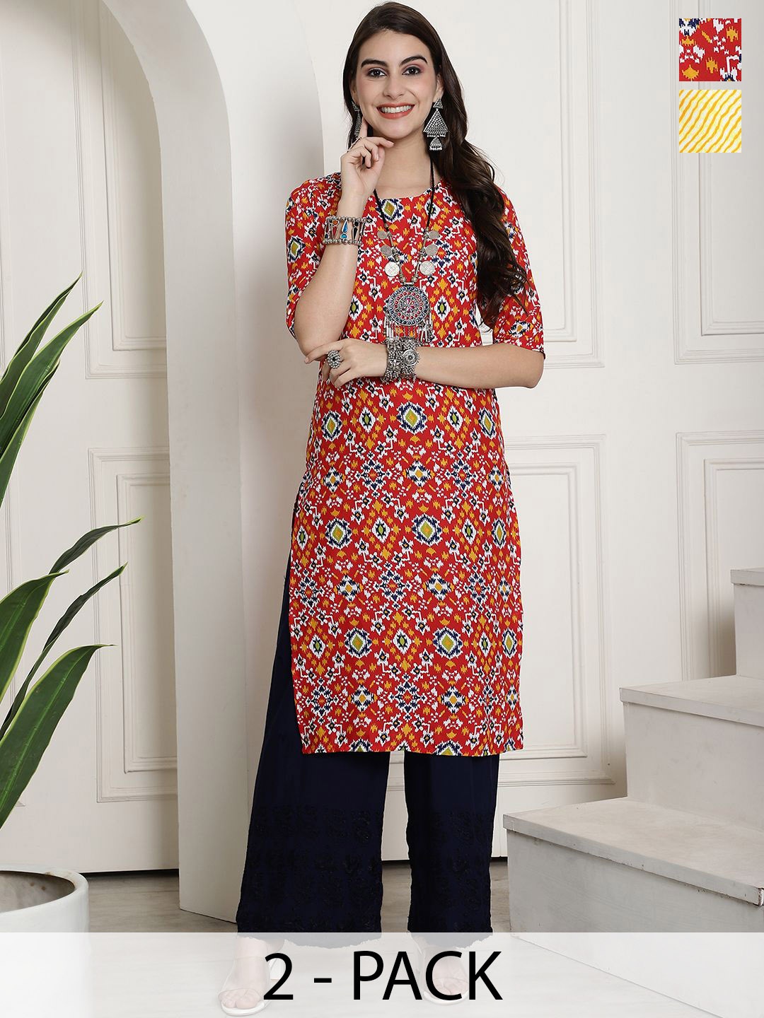 

7Threads Selection Of 2 Ethnic Motifs Printed Straight Kurtas, Red