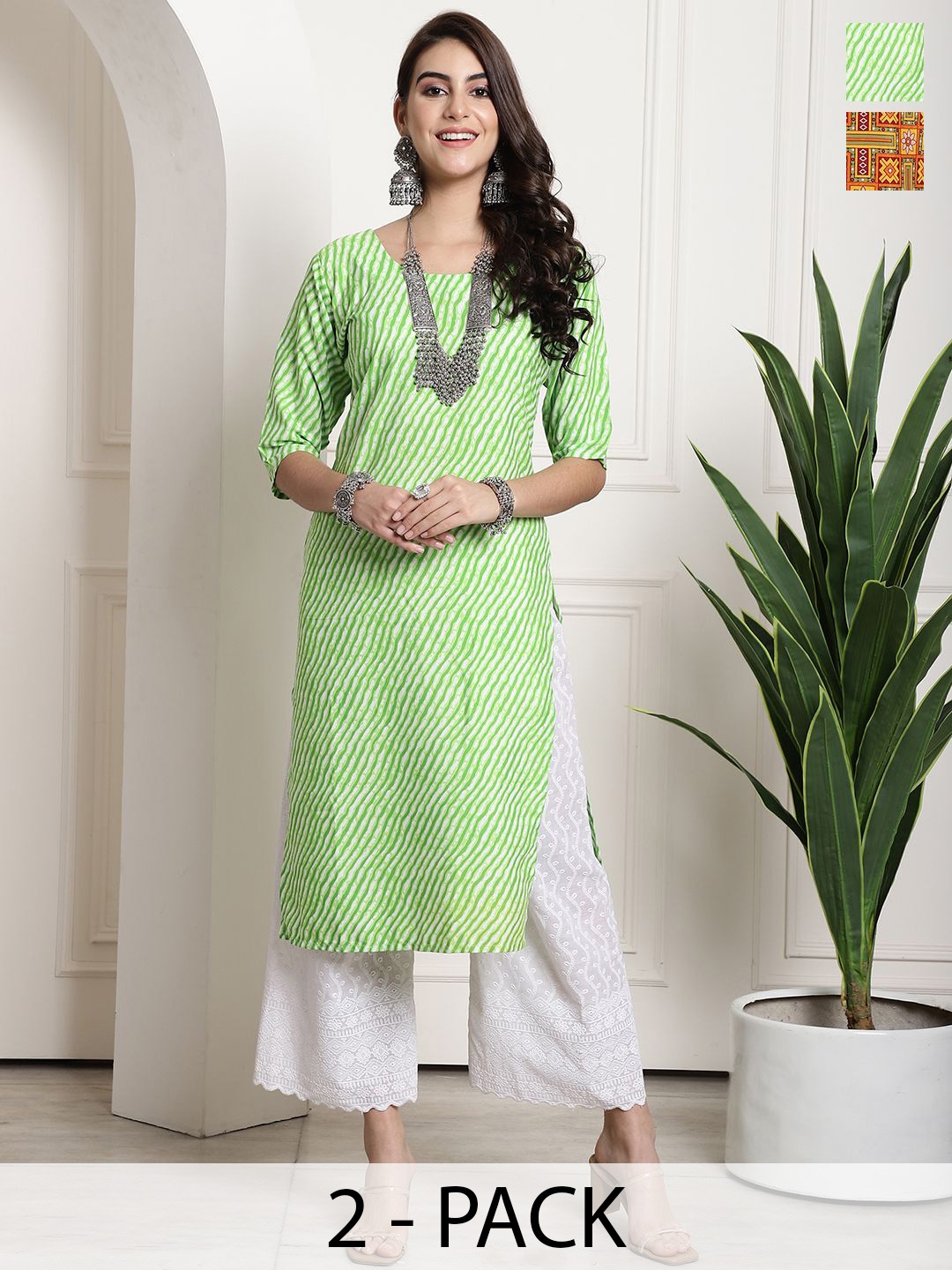 

7Threads Selection Of 2 Leheriya Printed Round Neck Straight Kurtas, Green