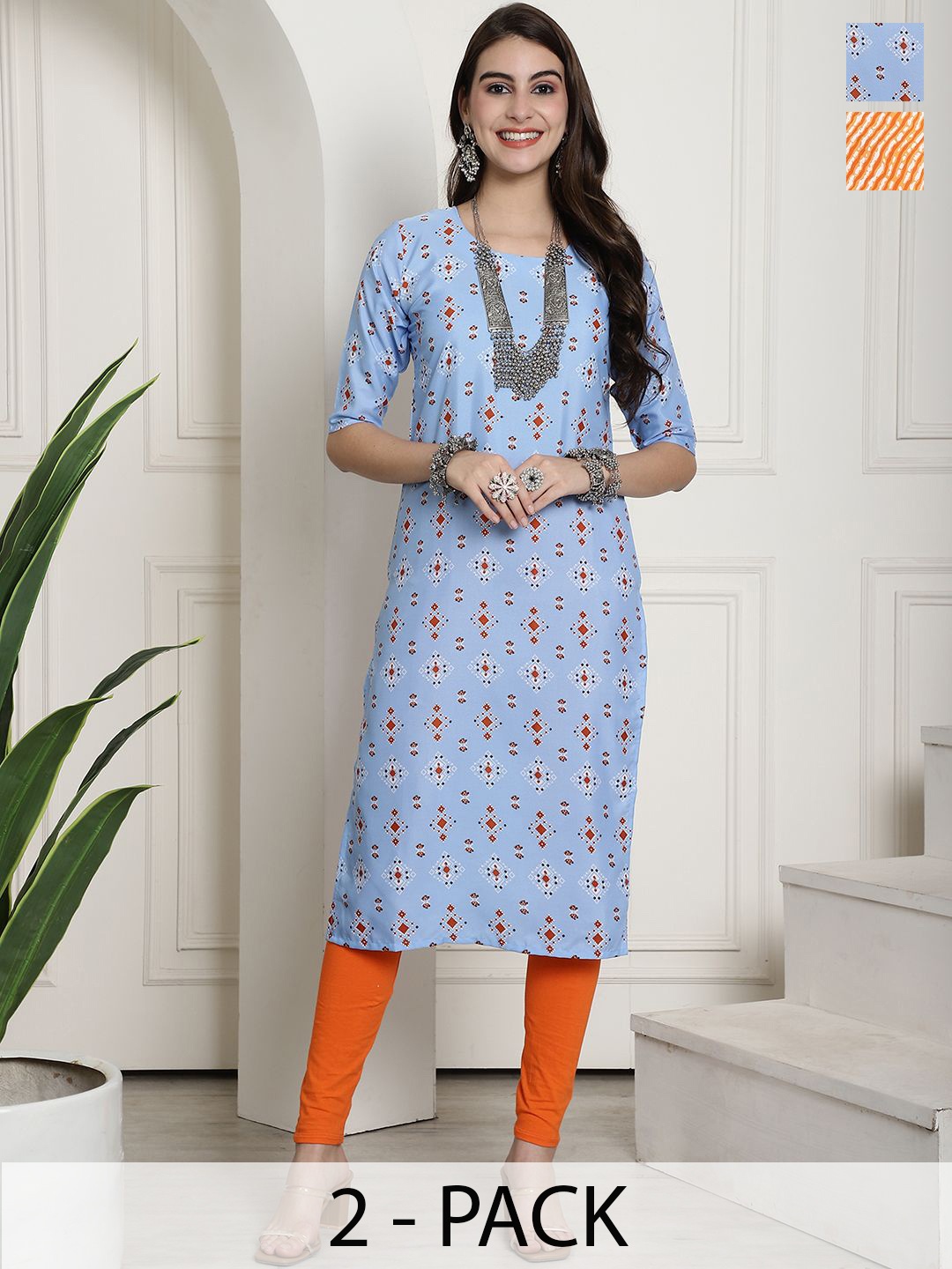 

7Threads Selection Of 2 Ethnic Motifs Printed Round Neck Straight Kurtas, Blue