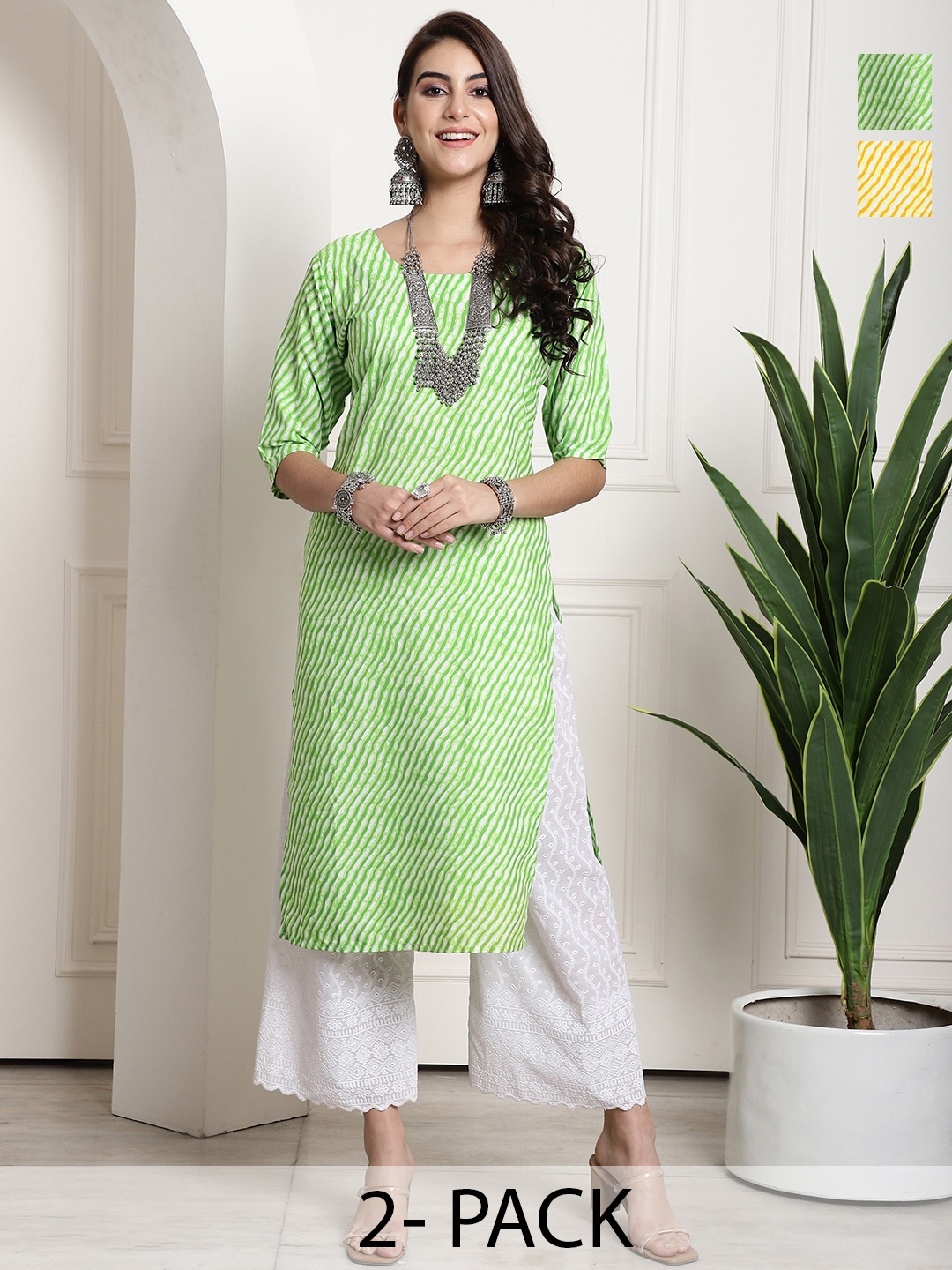 

7Threads Selection Of 2 Leheriya Printed Round Neck Straight Kurtas, Green