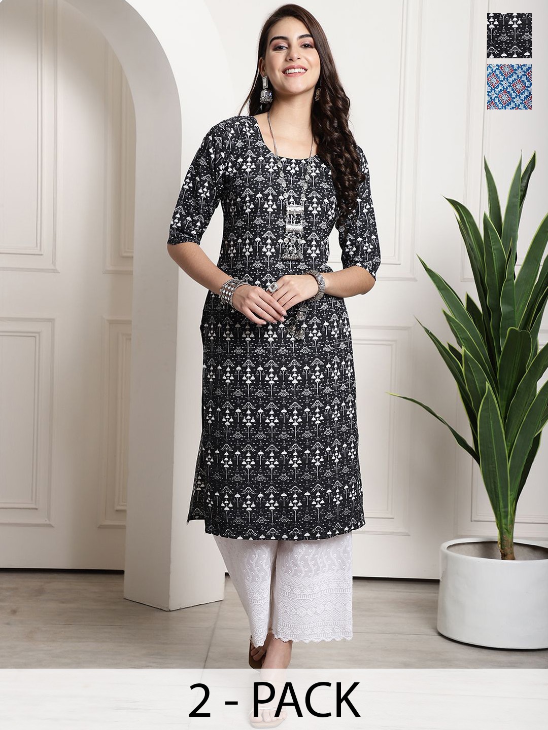 

7Threads Selection Of 2 Ethnic Motifs Printed Round Neck Straight Kurta, Black