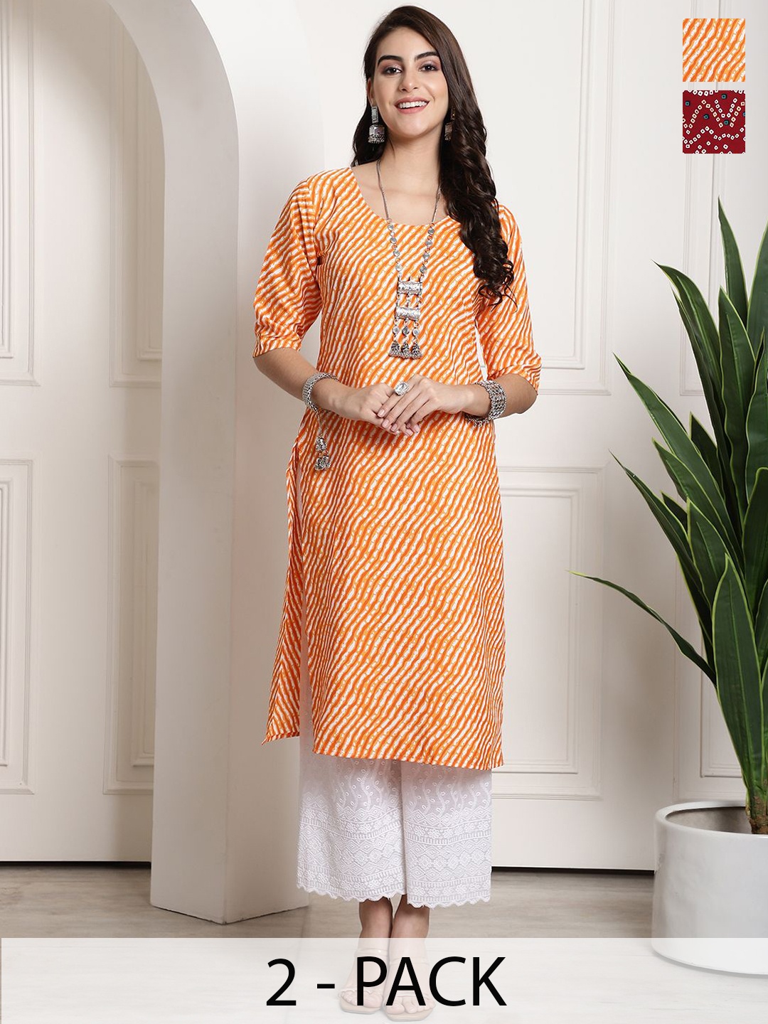 

7Threads Selection Of 2 Leheriya Printed Round Neck Straight Kurtas, Orange