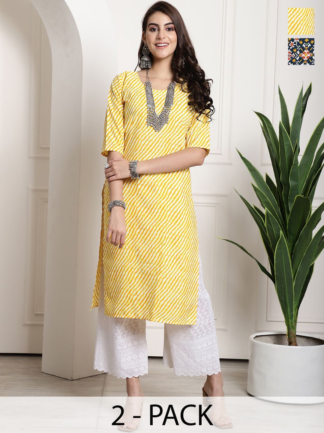 

7Threads Selection Of 2 Leheriya Printed Round Neck Straight Kurtas, Yellow