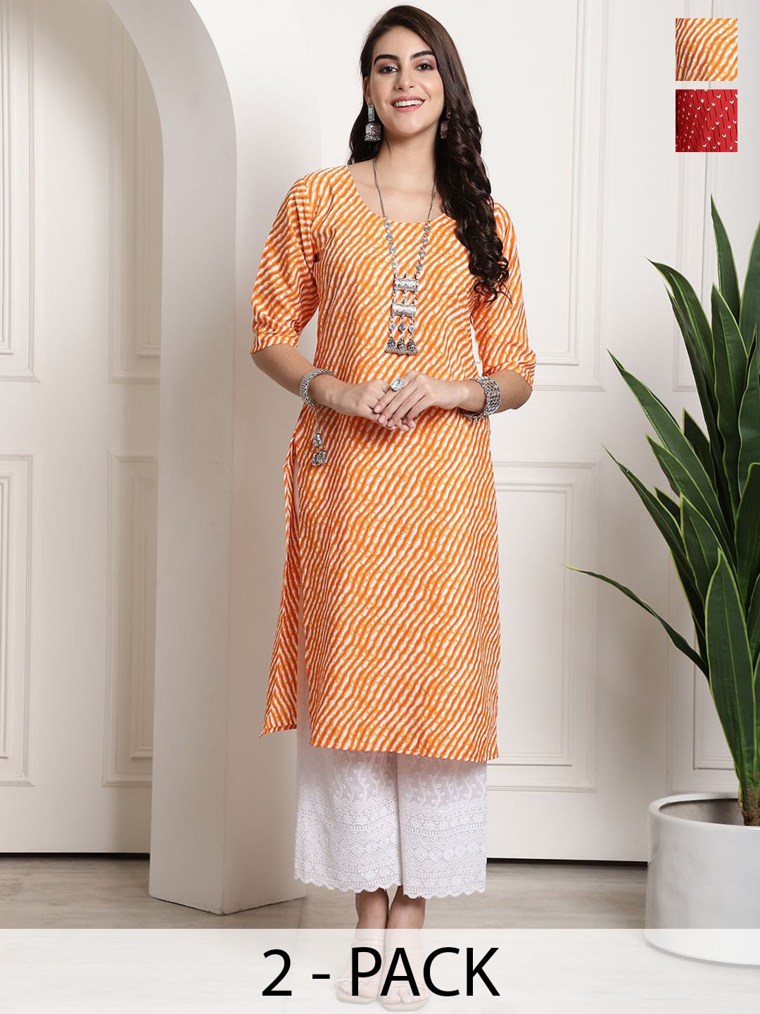 

7Threads Selection Of 2 Leheriya Printed Straight Kurtas, Orange