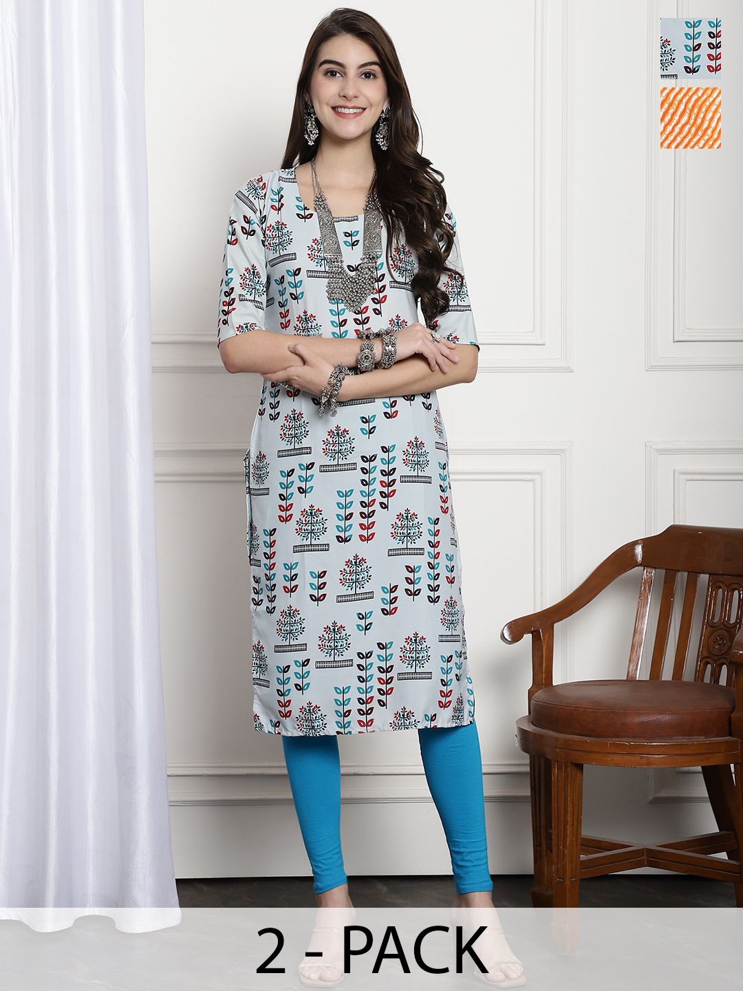 

7Threads Selection Of 2 Floral Printed Round Neck Straight Kurtas, Grey