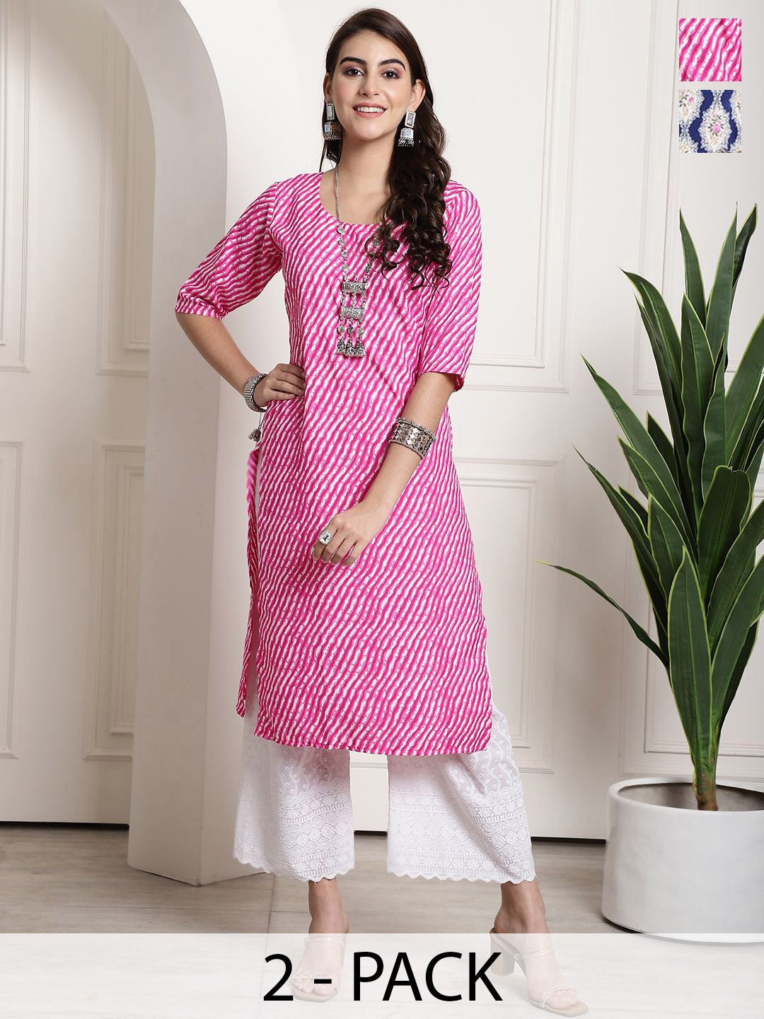 

7Threads Selection Of 2 Leheriya Printed Round Neck Straight Kurtas, Pink