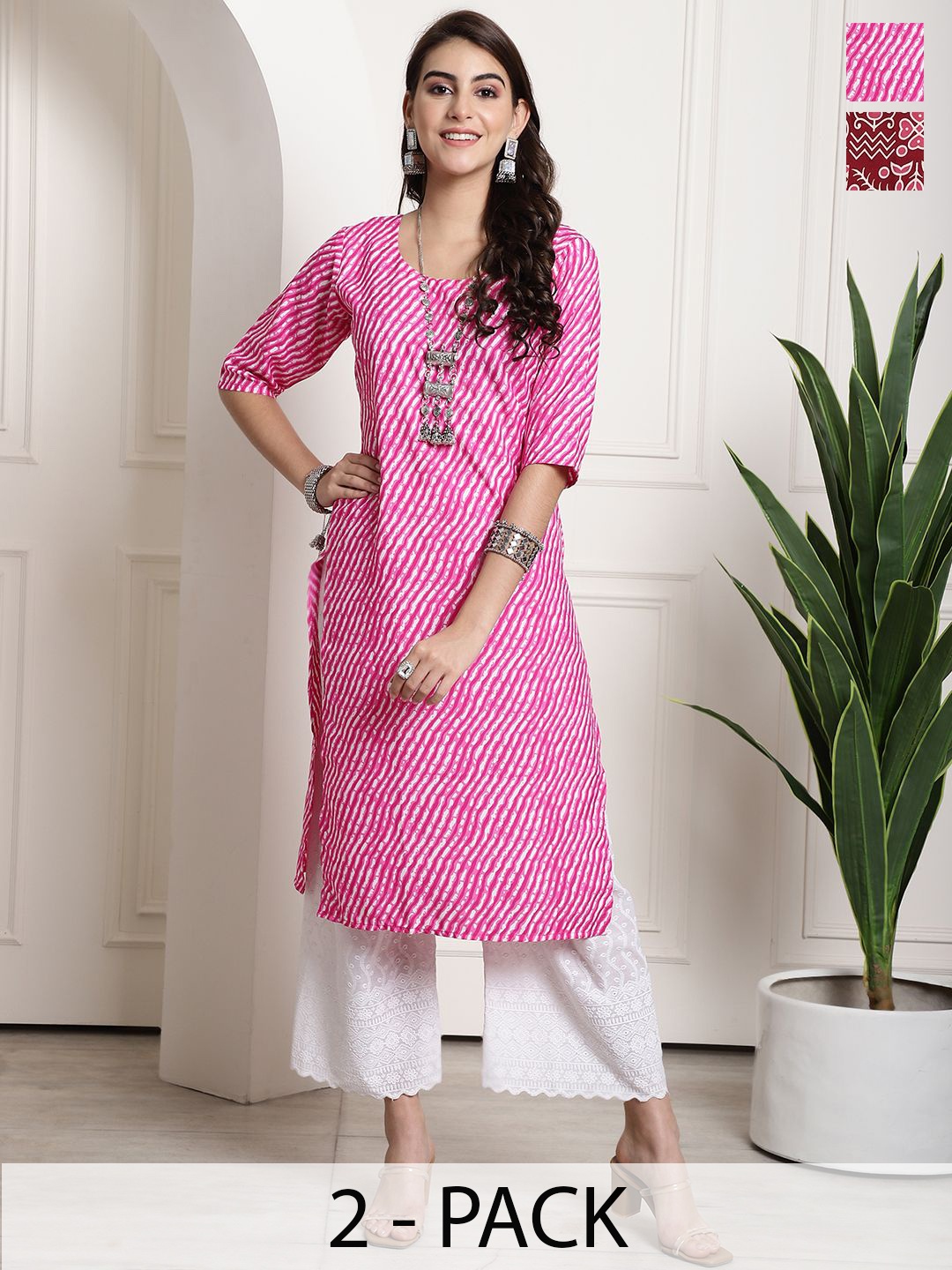 

7ThreadsSelection Of 2 Leheriya Printed Round Neck Straight Kurta, Pink