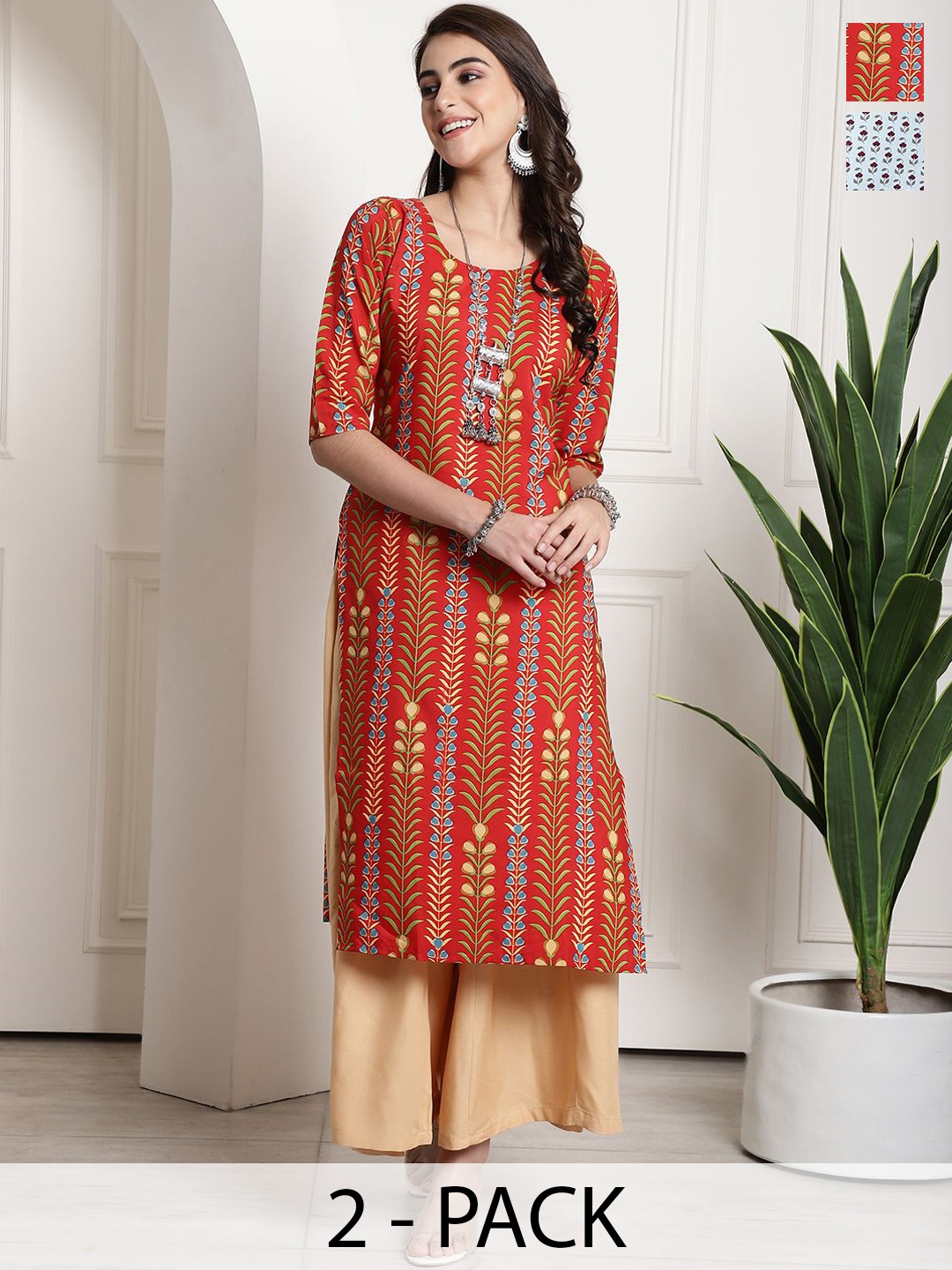 

7Threads Selection Of 2 Floral Printed Straight Kurtas, Red