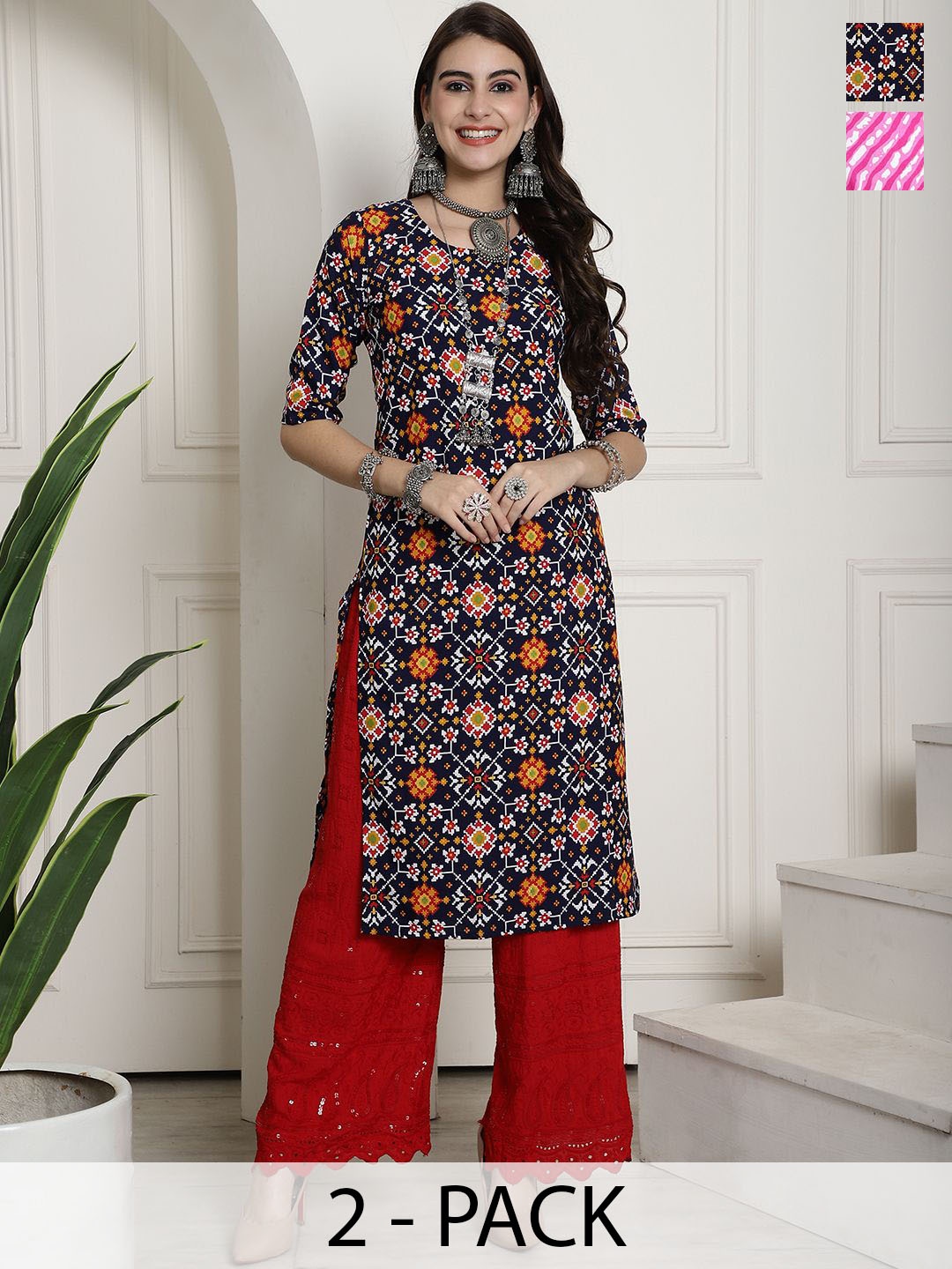 

7Threads Selection Of 2 Leheriya Printed Round Neck Straight Kurta, Black