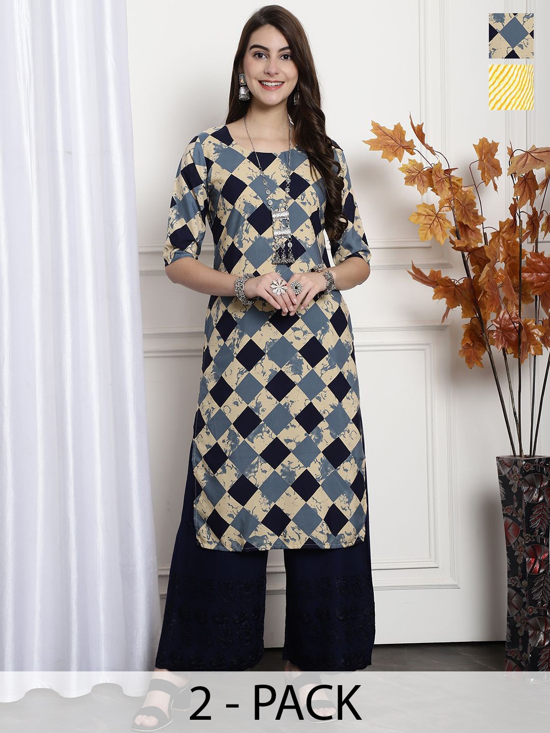 

7Threads Selection Of 2 Geometric Printed Straight Kurtas, Grey