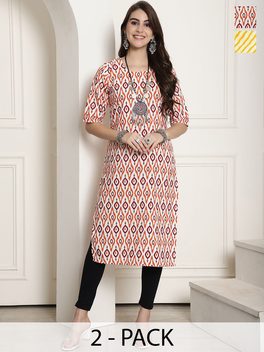 

7Threads Selection Of 2 Ethnic Motifs Printed Round Neck Straight Kurtas, White