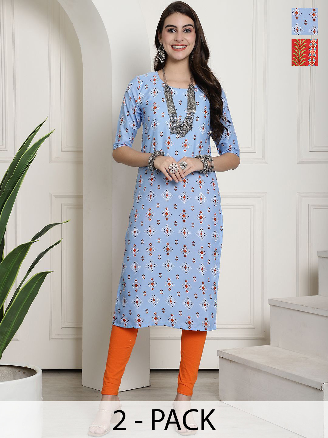 

7Threads Selection Of 2 Geometric Printed Round Neck Straight Kurtas, Blue