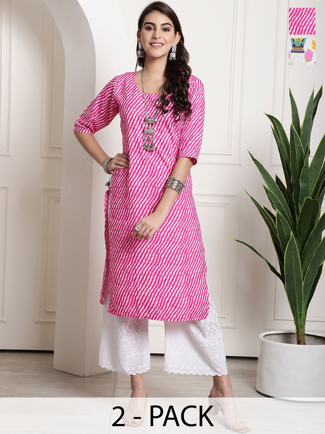 

7Threads Selection Of 2 Striped Printed Straight Kurtas, Pink