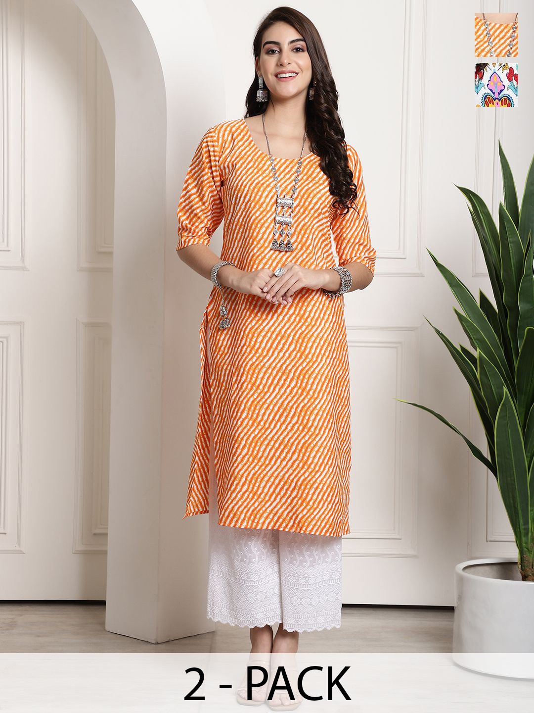 

7Threads Selection Of 2 Ethnic Motifs Printed Straight Kurta, Orange