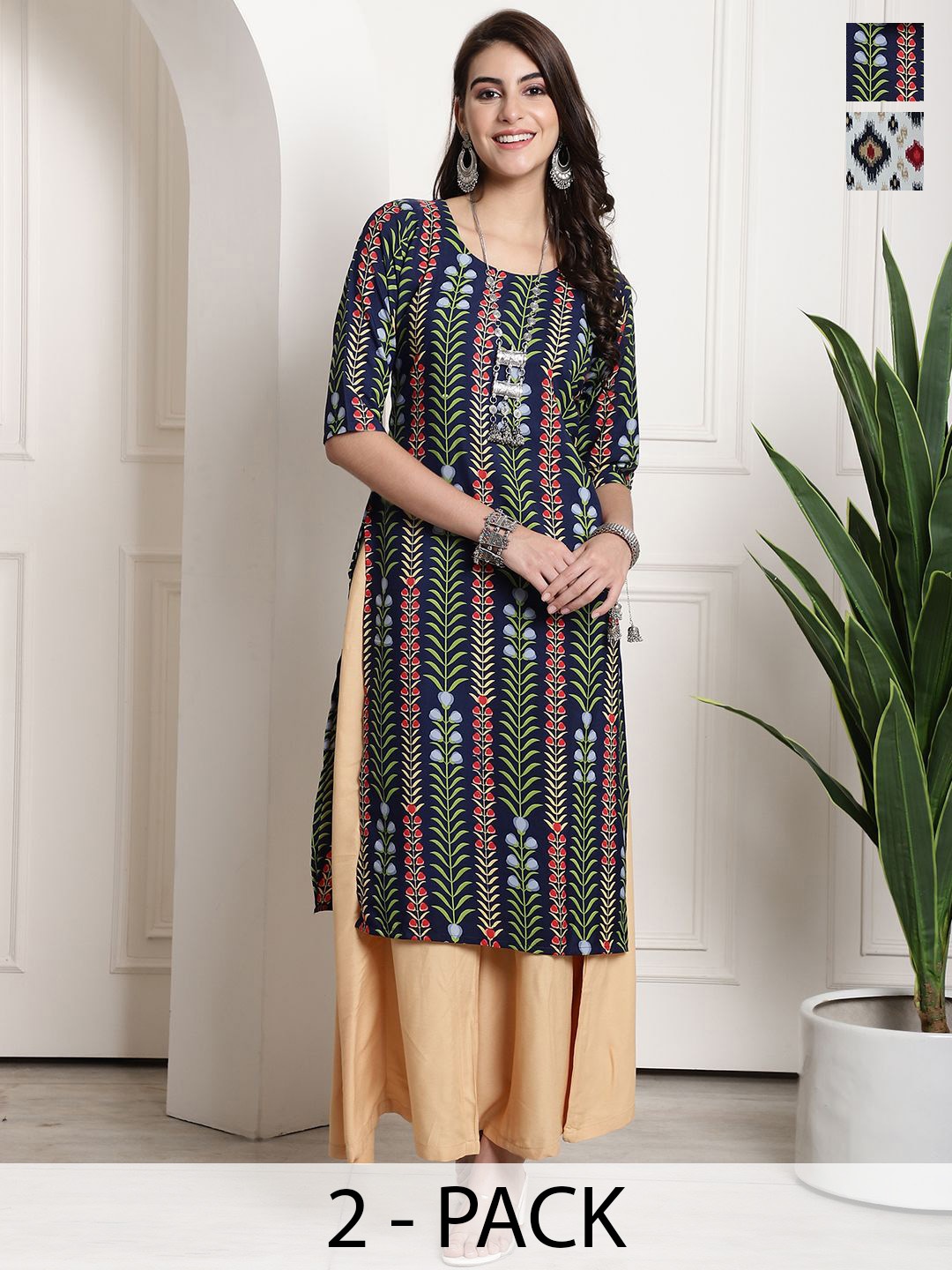 

7Threads Selection Of 2 Ethnic Motifs Printed Round Neck Straight Kurtas, Navy blue