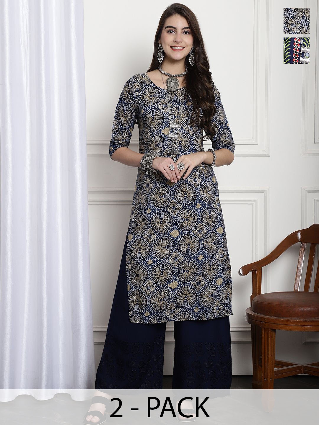 

7Threads Selection Of 2 Geometric Printed Round Neck Straight Kurtas, Navy blue
