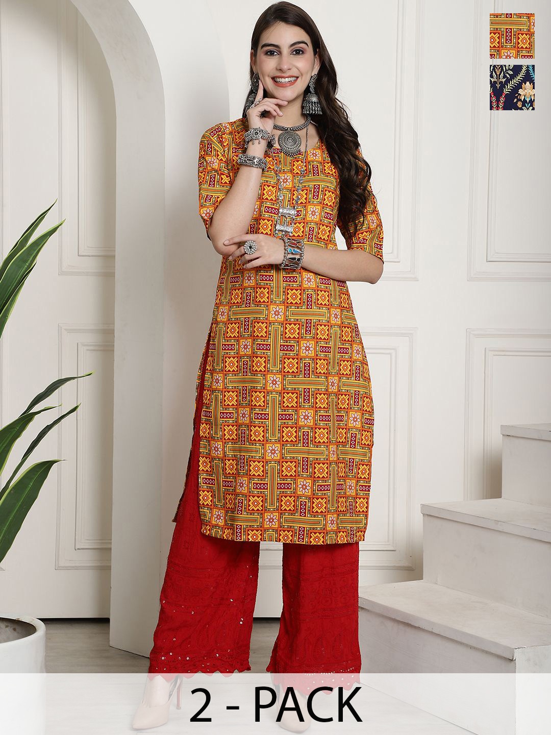 

7Threads Selection Of 2 Geometric Printed Round Neck Straight Kurtas, Yellow