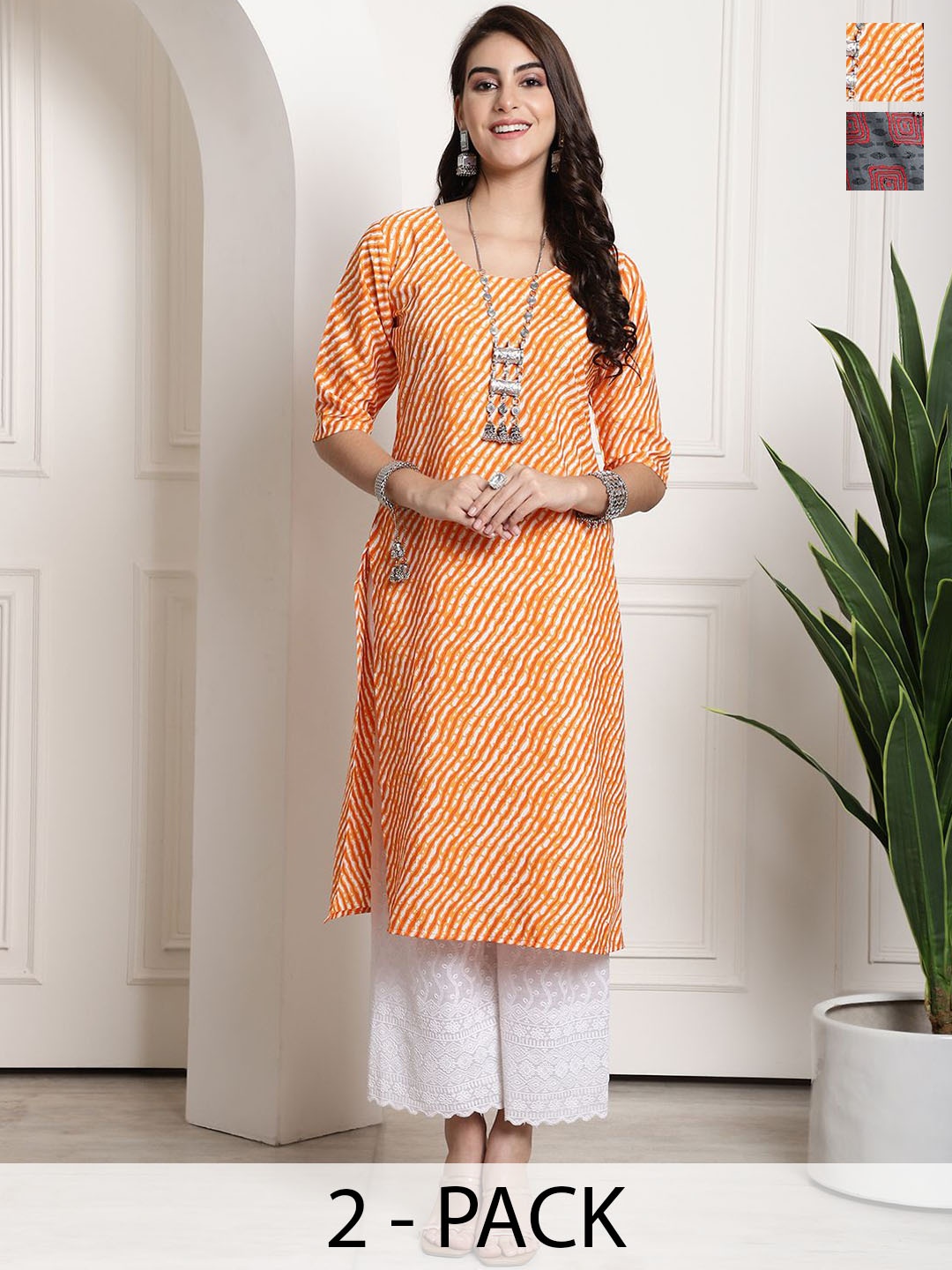 

7Threads Selection Of 2 Lehriya Printed Round Neck Straight Kurtas, Orange