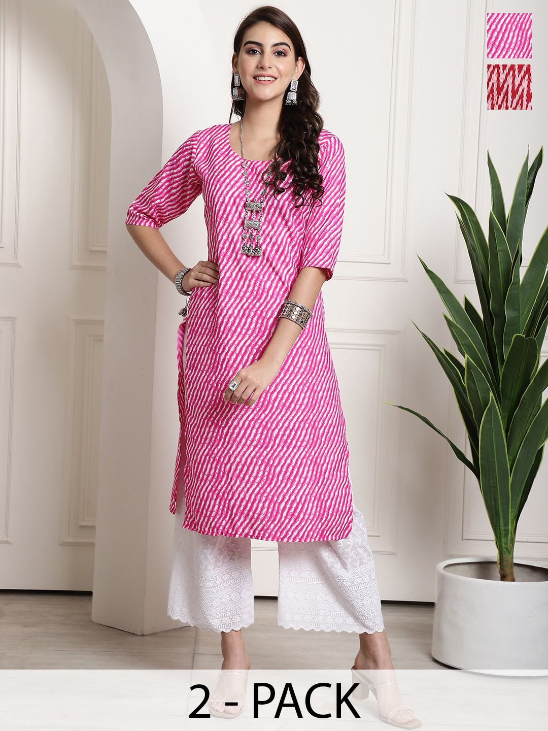 

7Threads Selection Of 2 Leheriya Printed Round Neck Straight Kurtas, Pink