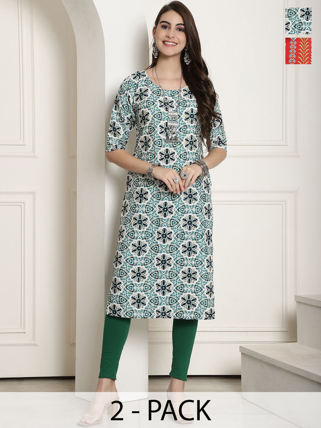 

7Threads Selection Of 2 Floral Printed Round Neck Straight Kurtas, Green